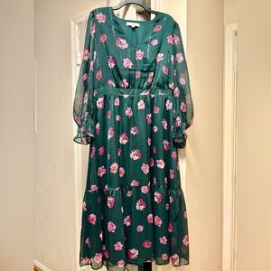 LOFT Emerald with Pink Flowers Shimmer Flounce Midi Dress XL Petite